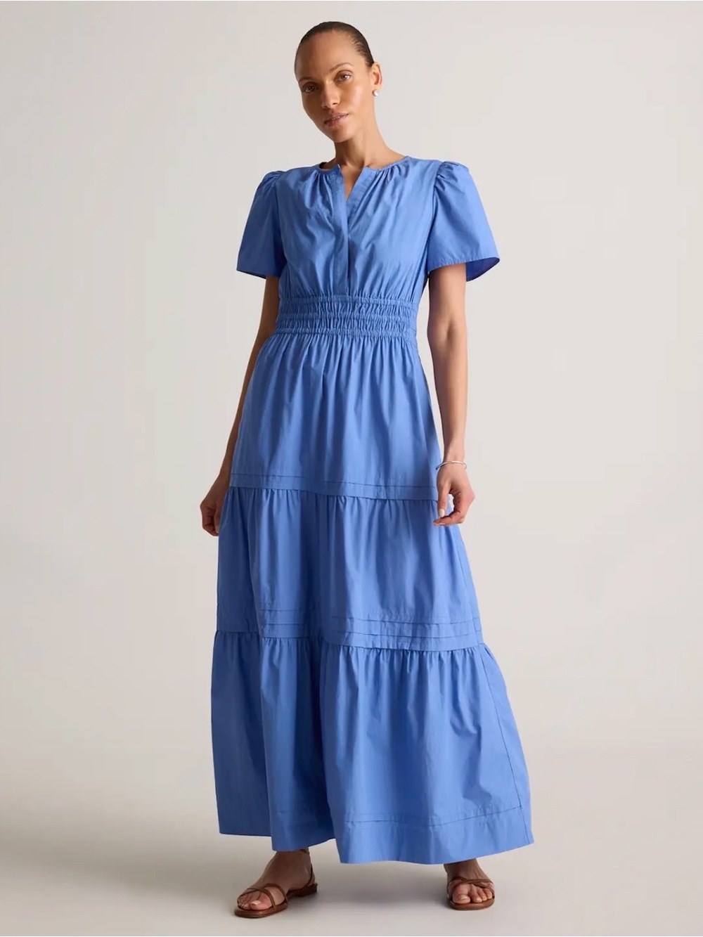 Quince 100% cotton blue Tiered Midi Dress with Smocked Waist